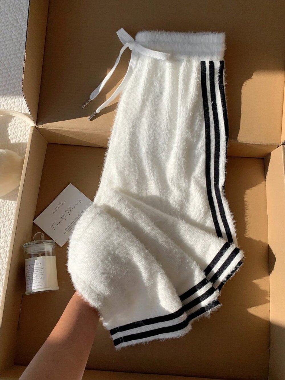 White Casual Women's Waist Tie Side Stripe Wide Leg Sweatpants